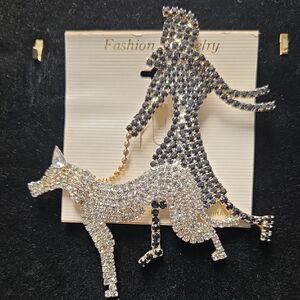 Chic Gold and Silver Woman with Dog Brooch